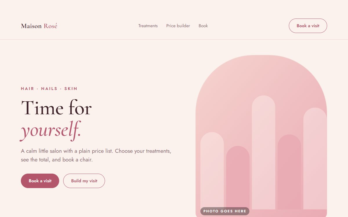 Demo of a beauty salon website with a price builder
