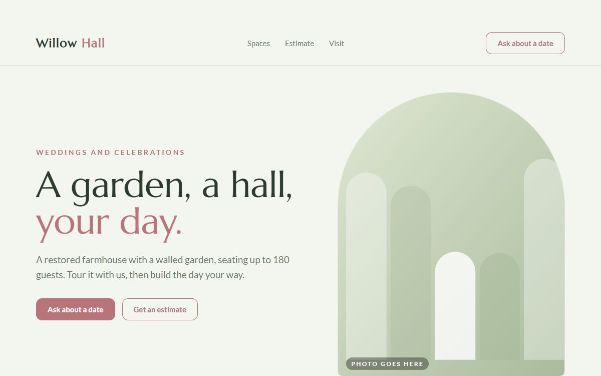 Demo of a wedding venue website with an estimate tool