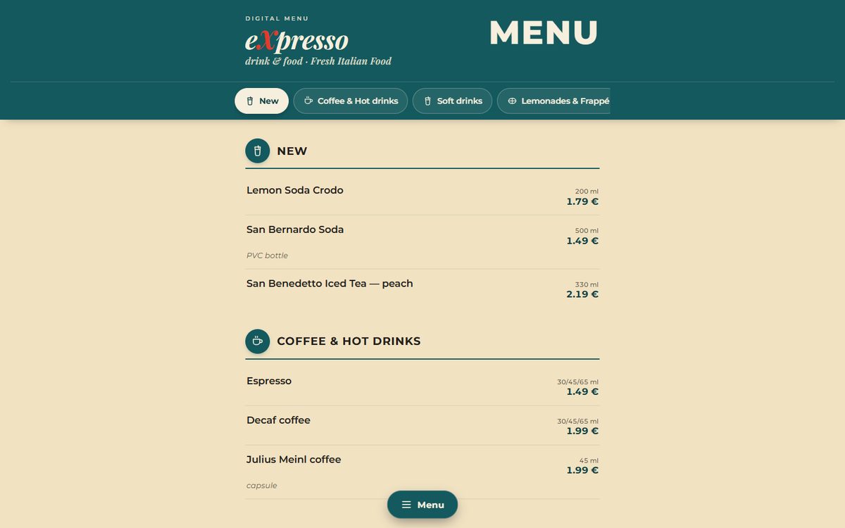 Digital cafe menu