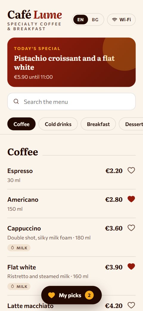 Digital cafe menu demo on a phone